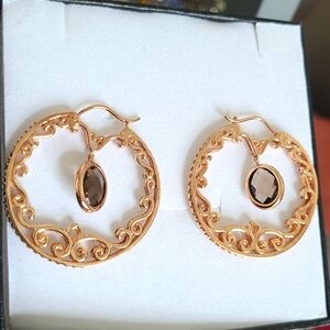 Vintage Filigree Rose Gold Sterling Silver Smoky Quartz Dangle Hoop Earrings